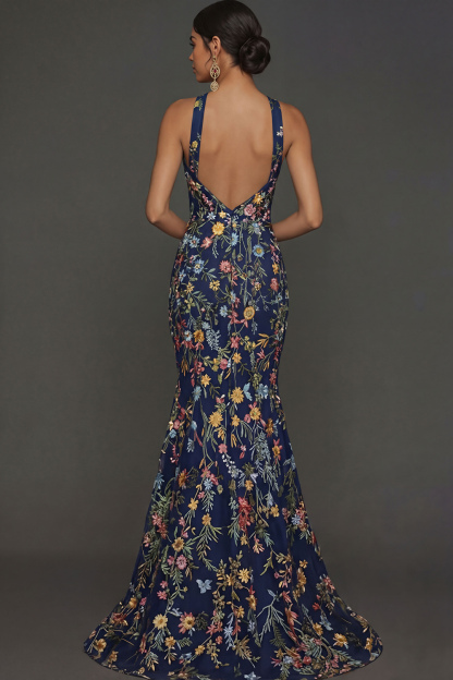 Floral Mauve Mermaid Criss Cross Neck Maxi Prom Dress with Embroidery