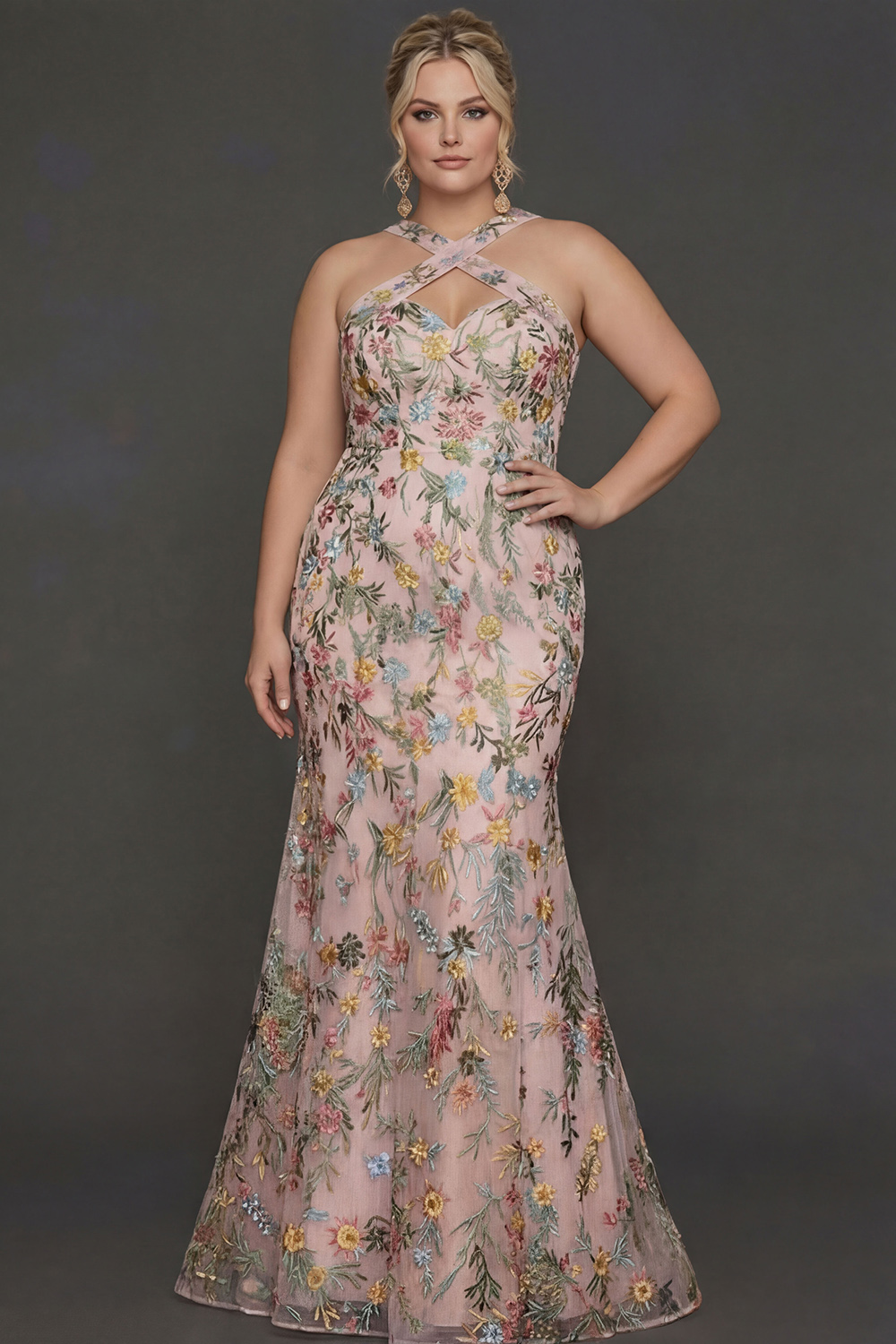 Leely Women Plus Size Floral Maxi Mauve Prom Dress with Embroidery Mermaid Backless Gala Dress