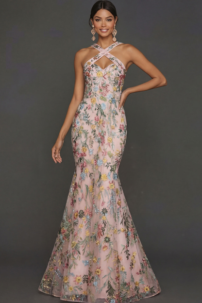 Floral Mauve Mermaid Criss Cross Neck Maxi Prom Dress with Embroidery