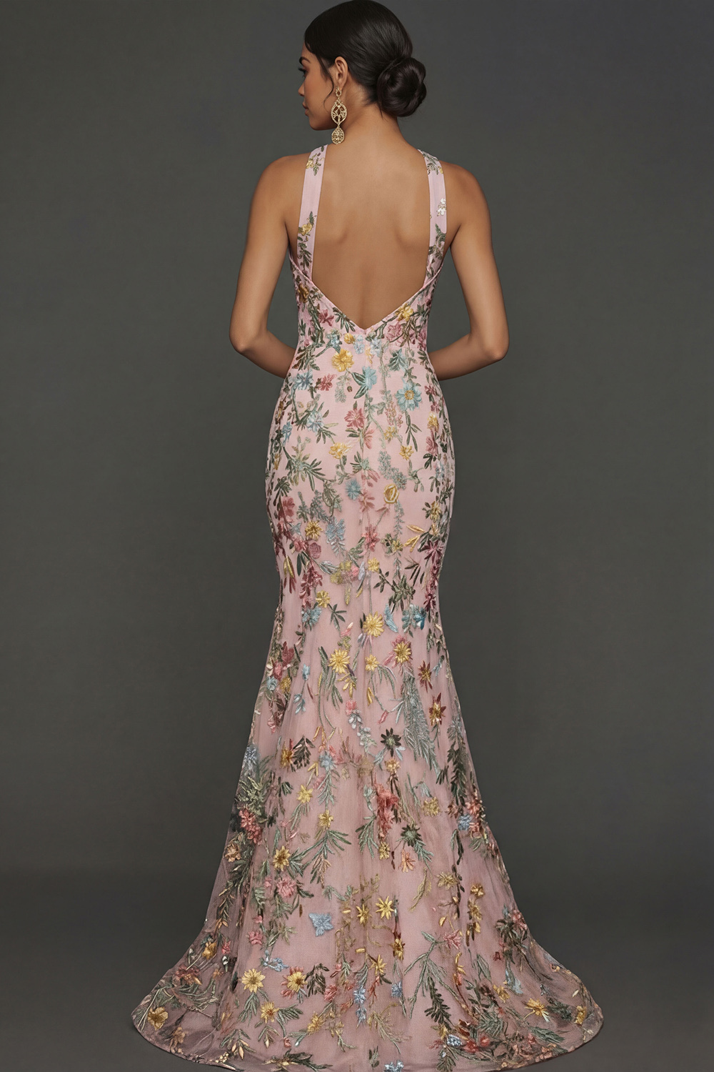 Floral Mauve Mermaid Criss Cross Neck Maxi Prom Dress with Embroidery