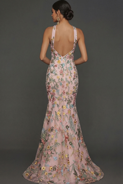 Floral Mauve Mermaid Criss Cross Neck Maxi Prom Dress with Embroidery