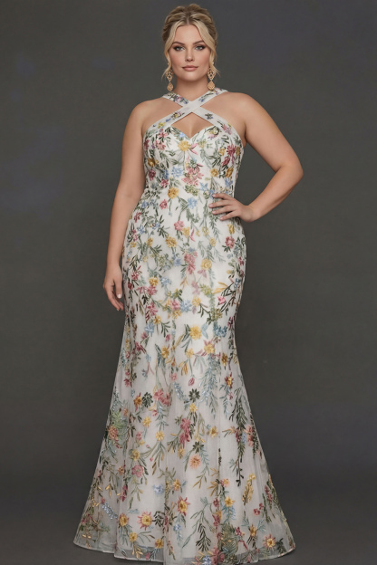 Plus Size Floral Mauve Mermaid Criss Cross Neck Maxi Prom Dress with Embroidery