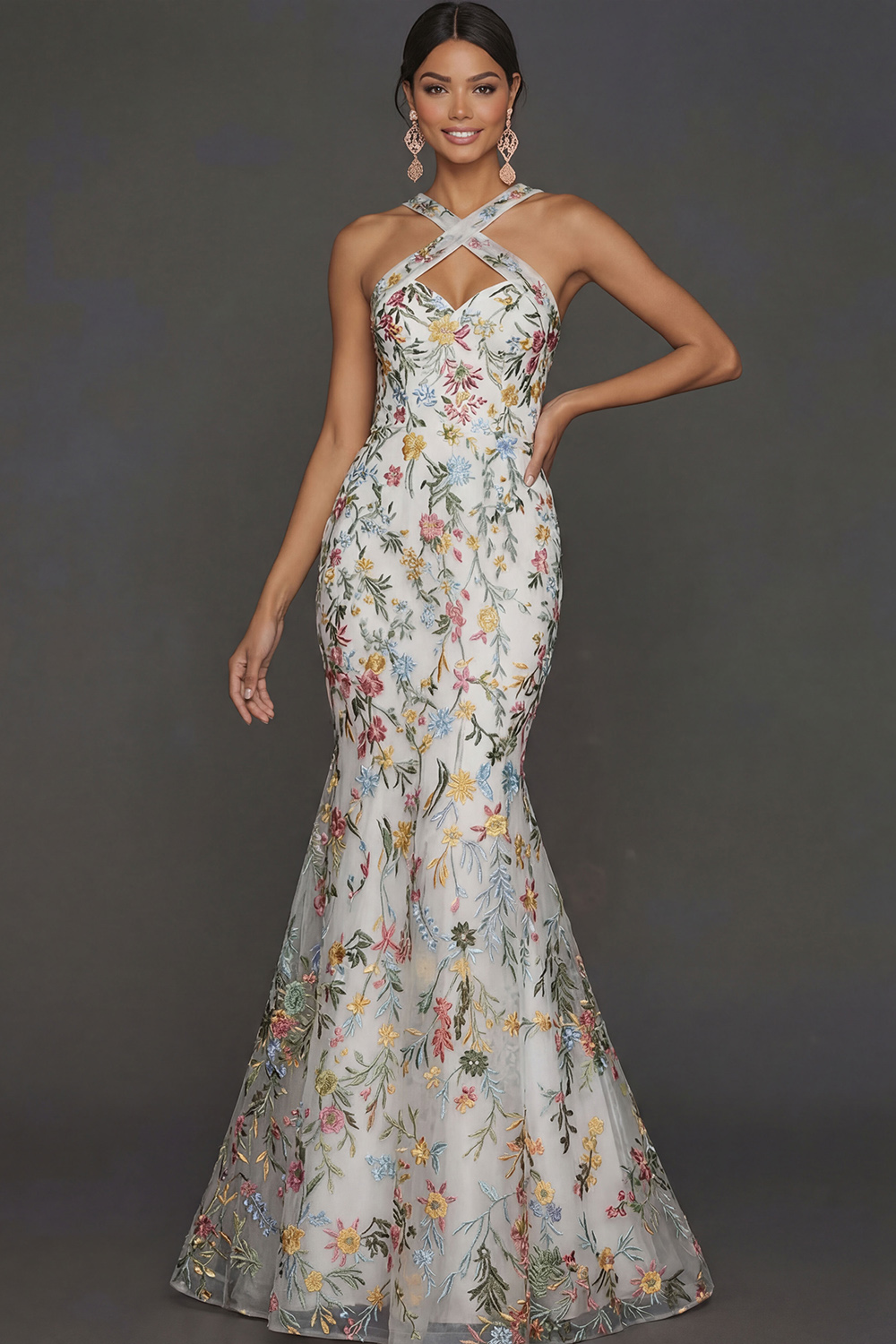 Floral Mauve Mermaid Criss Cross Neck Maxi Prom Dress with Embroidery