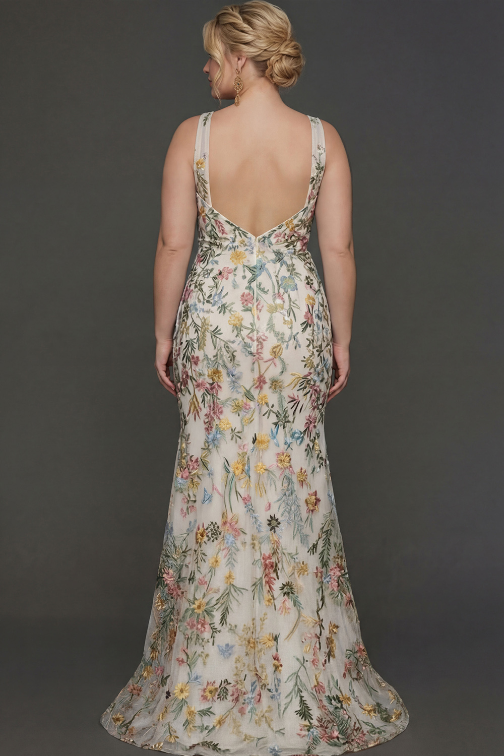 Plus Size Floral Mauve Mermaid Criss Cross Neck Maxi Prom Dress with Embroidery