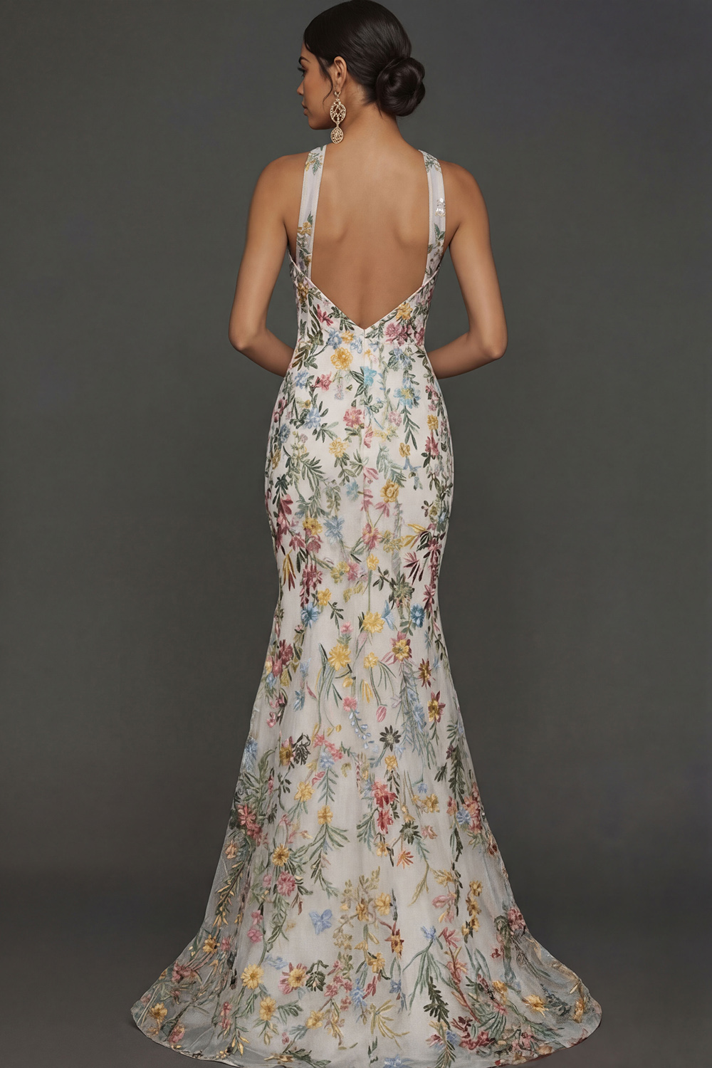 Floral Mauve Mermaid Criss Cross Neck Maxi Prom Dress with Embroidery