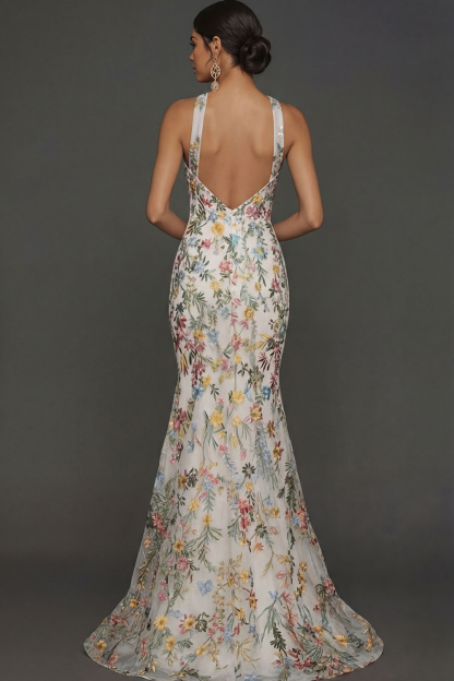 Floral Mauve Mermaid Criss Cross Neck Maxi Prom Dress with Embroidery