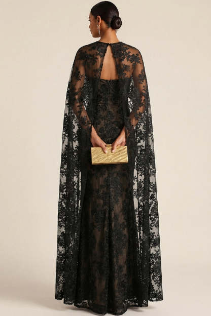 Black Long Lace Mermaid Formal Dress with Cape