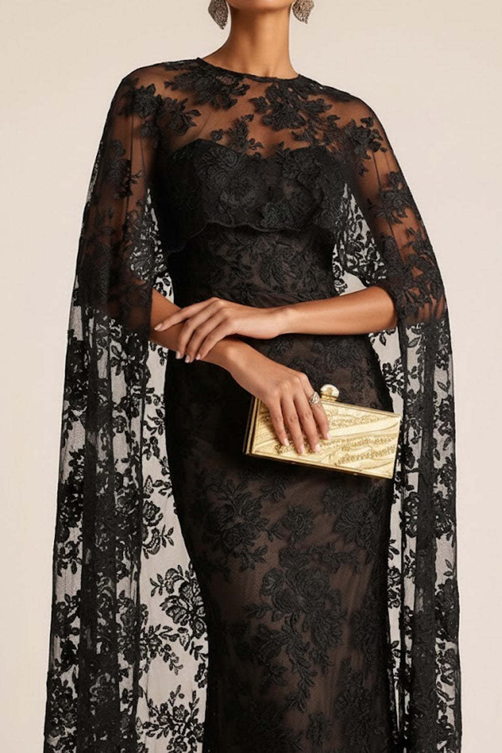Black Long Lace Mermaid Formal Dress with Cape