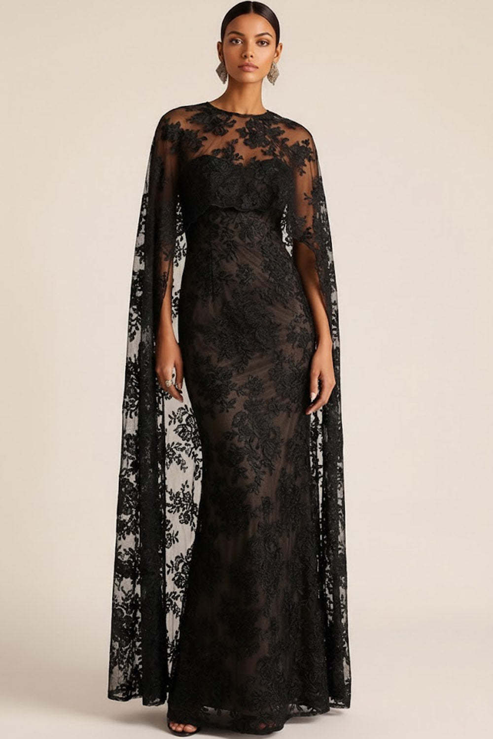 Black Long Lace Mermaid Formal Dress with Cape