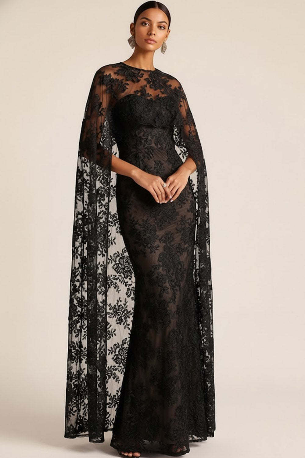 Black Long Lace Mermaid Formal Dress with Cape