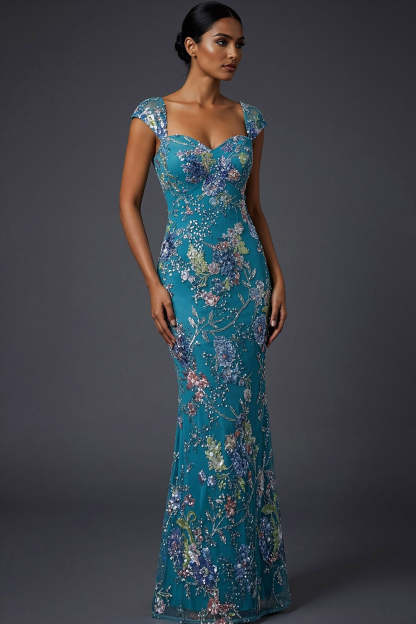 Floral Peacock Blue Square Neck Mermaid Maxi Prom Dress with Beading