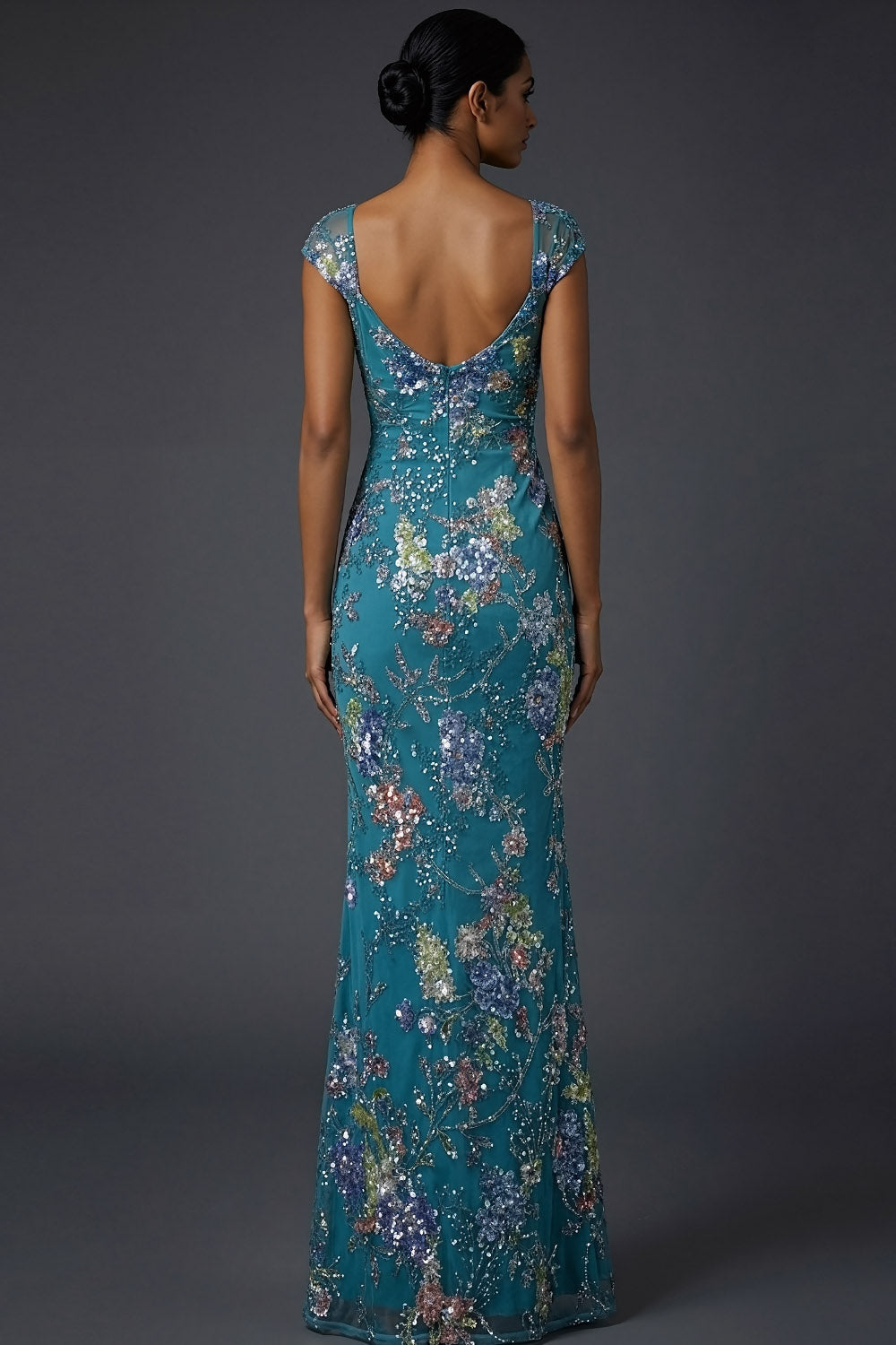 Floral Peacock Blue Square Neck Mermaid Maxi Prom Dress with Beading