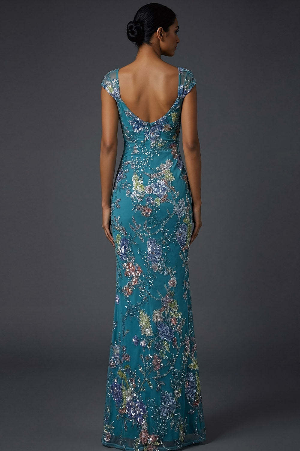 Floral Peacock Blue Square Neck Mermaid Maxi Prom Dress with Beading