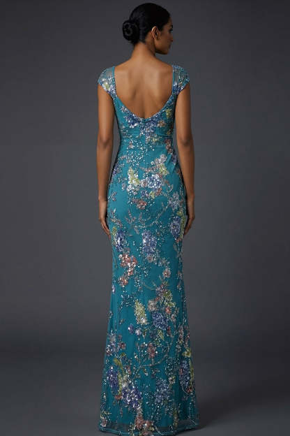 Floral Peacock Blue Square Neck Mermaid Maxi Prom Dress with Beading