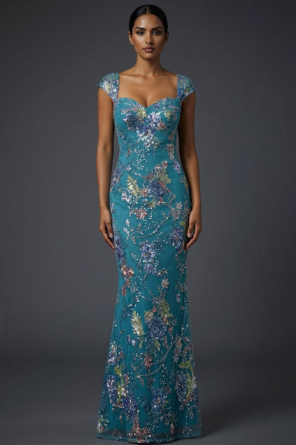 Floral Peacock Blue Square Neck Mermaid Maxi Prom Dress with Beading