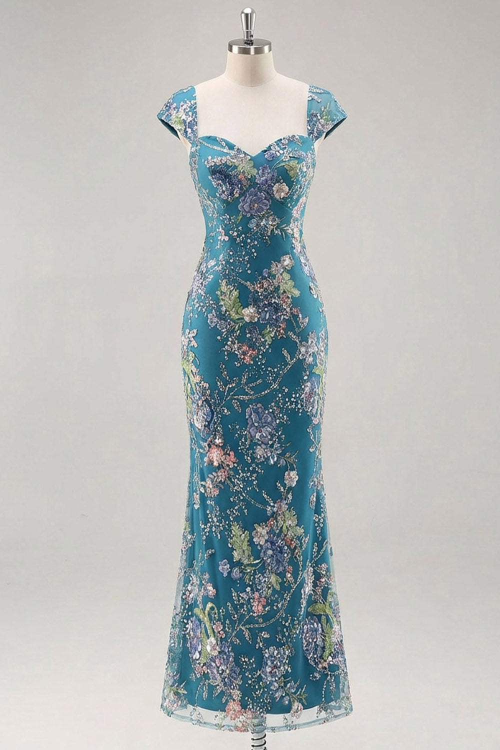 Floral Peacock Blue Square Neck Mermaid Maxi Prom Dress with Beading