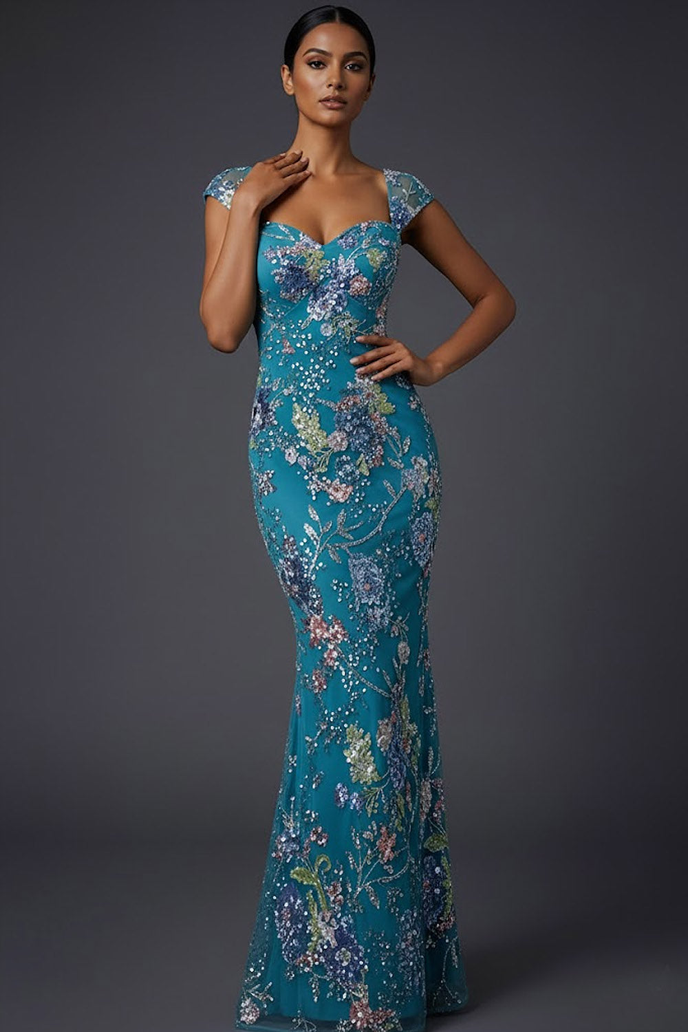 Floral Peacock Blue Square Neck Mermaid Maxi Prom Dress with Beading