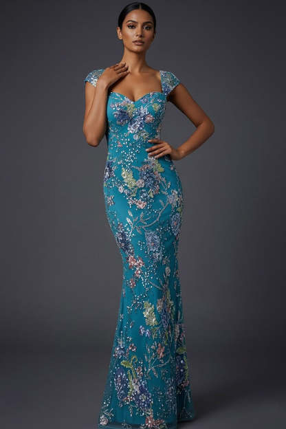Floral Peacock Blue Square Neck Mermaid Maxi Prom Dress with Beading