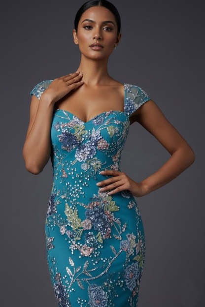 Floral Peacock Blue Square Neck Mermaid Maxi Prom Dress with Beading