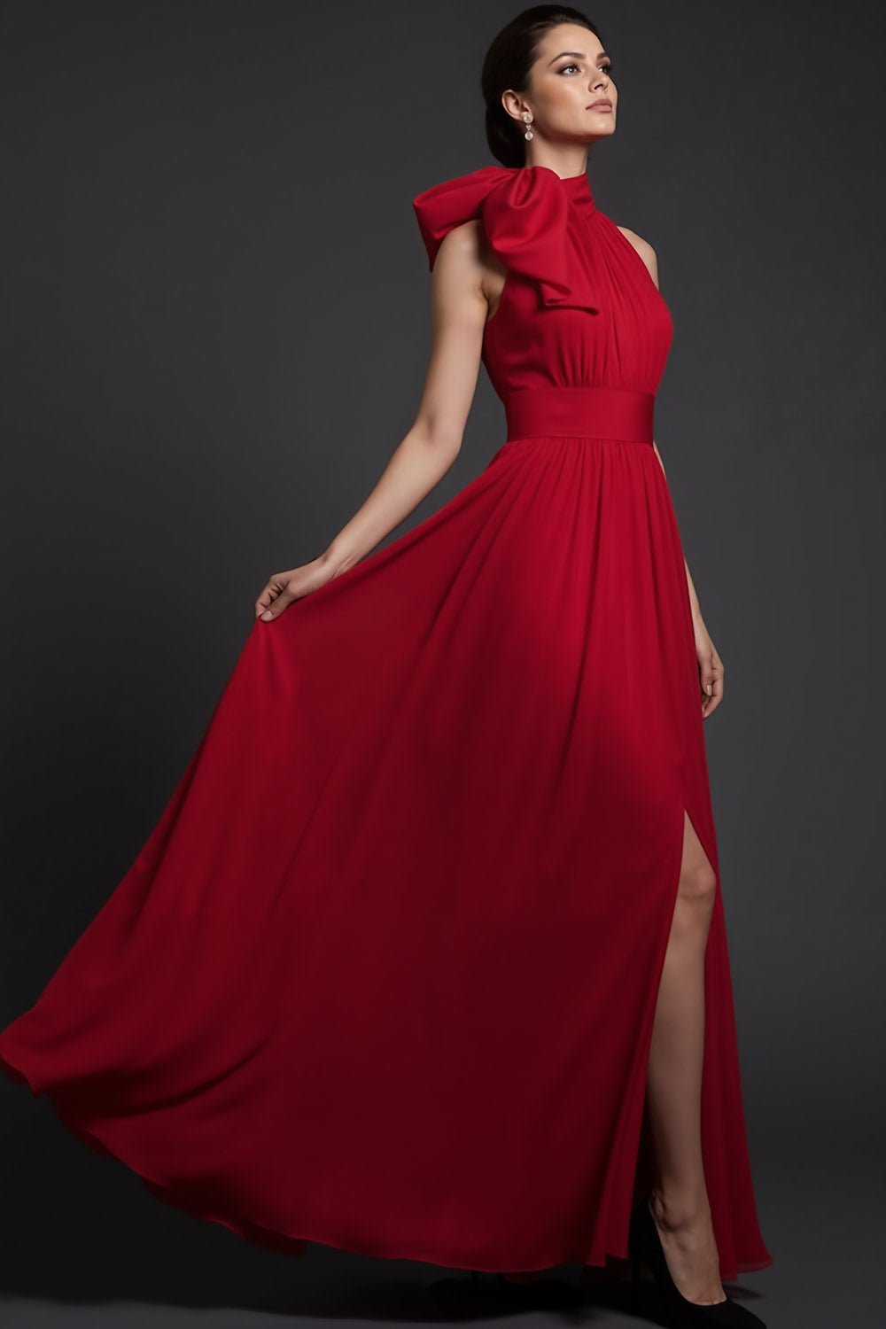 Red A-Line High Waist Long Formal Dress with Bow
