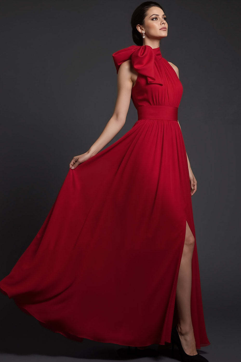 Leely Women Red A-Line Long Formal Dress with Bow High Neck Backless Empire Waist Evening Dress with Slit