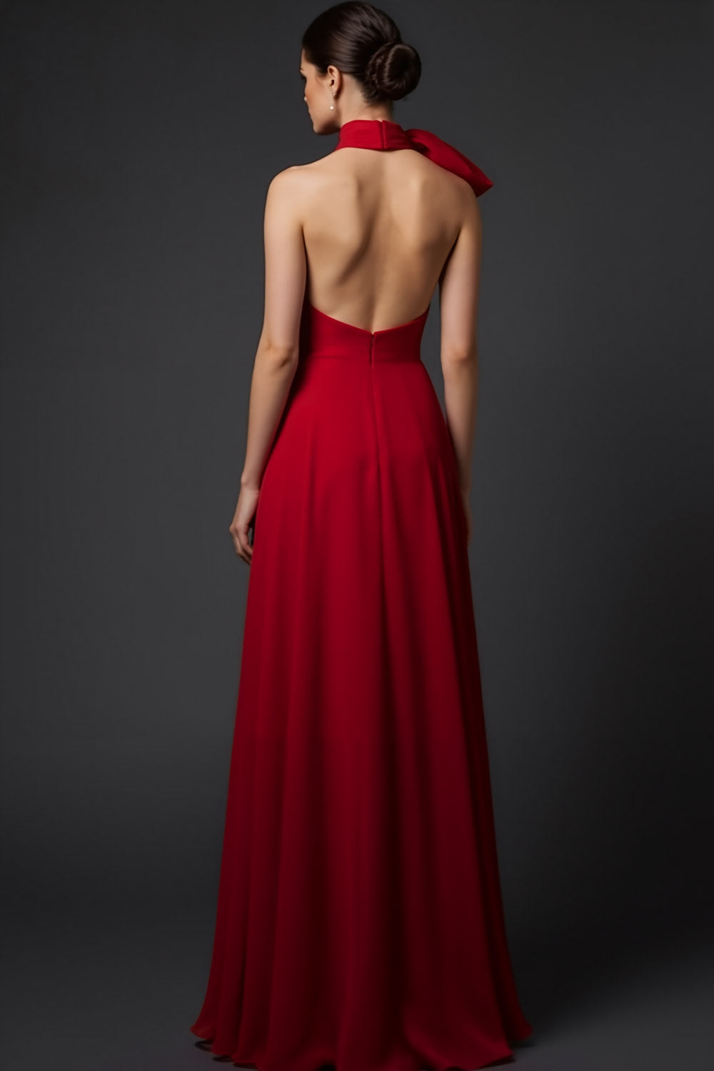Red A-Line High Waist Long Formal Dress with Bow