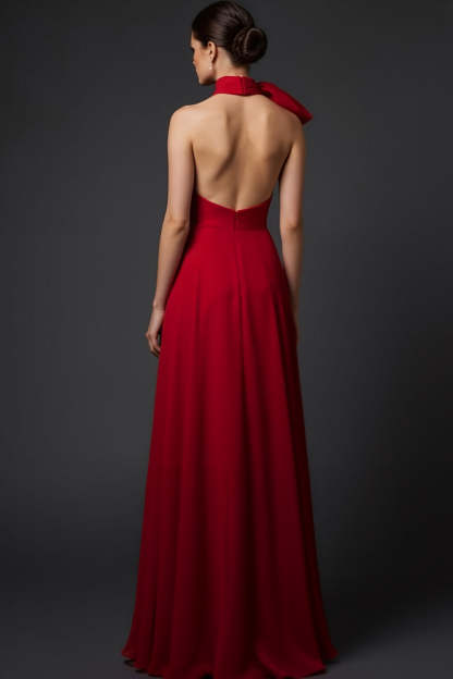 Red A-Line High Waist Long Formal Dress with Bow