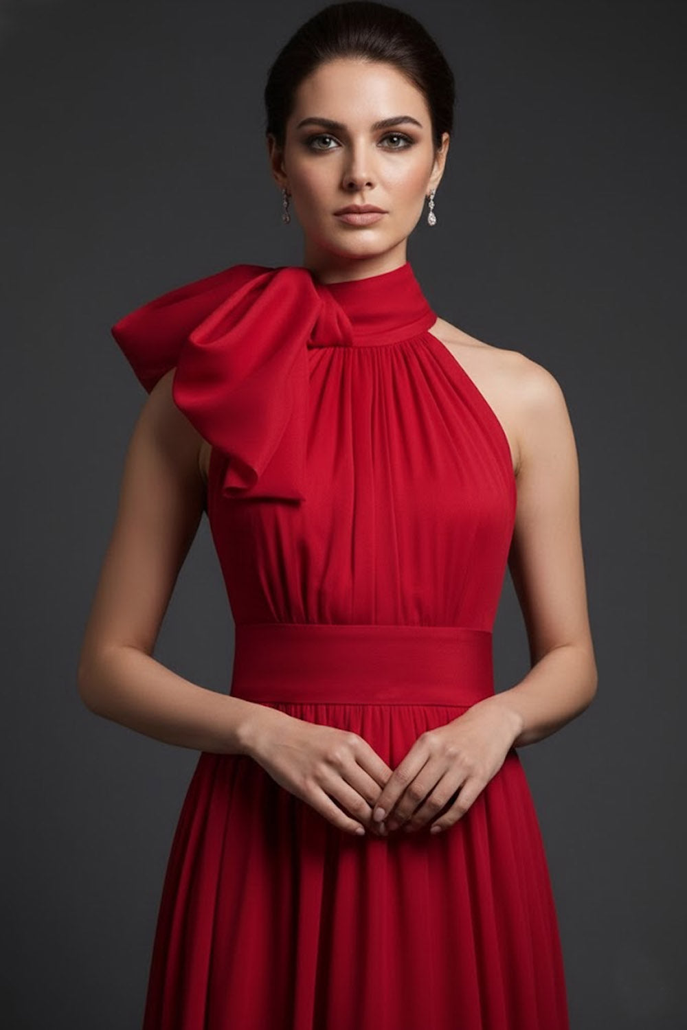 Red A-Line High Waist Long Formal Dress with Bow