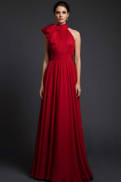 Red A-Line High Waist Long Formal Dress with Bow
