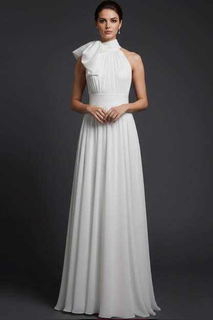 Leely Women White A-Line Long Wedding Reception Dress with Bow High Neck Backless Empire Waist Rehearsal Dinner Dress with Slit
