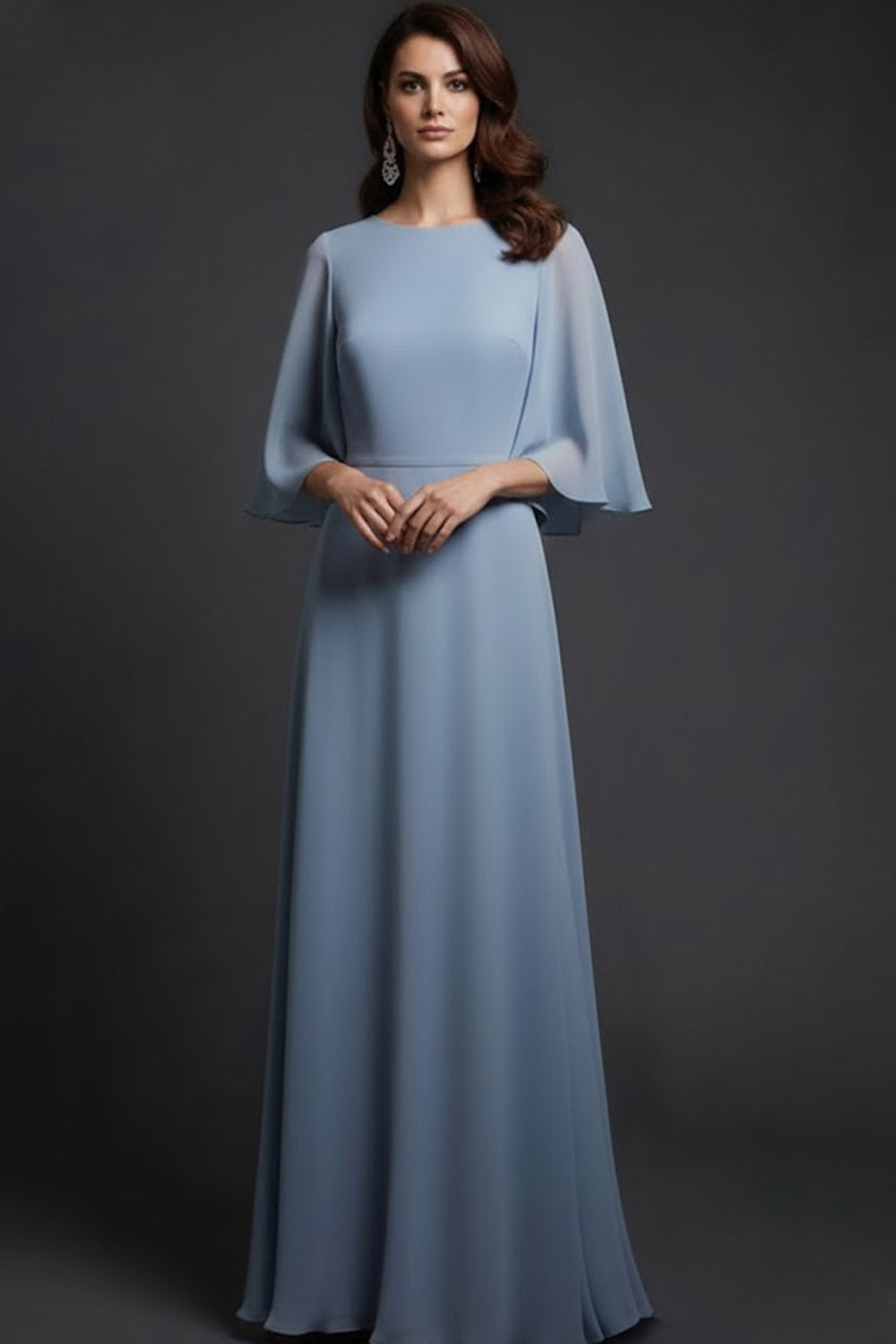 Grey Blue Chiffon Flutter Sleeves A-Line Long Formal Dress