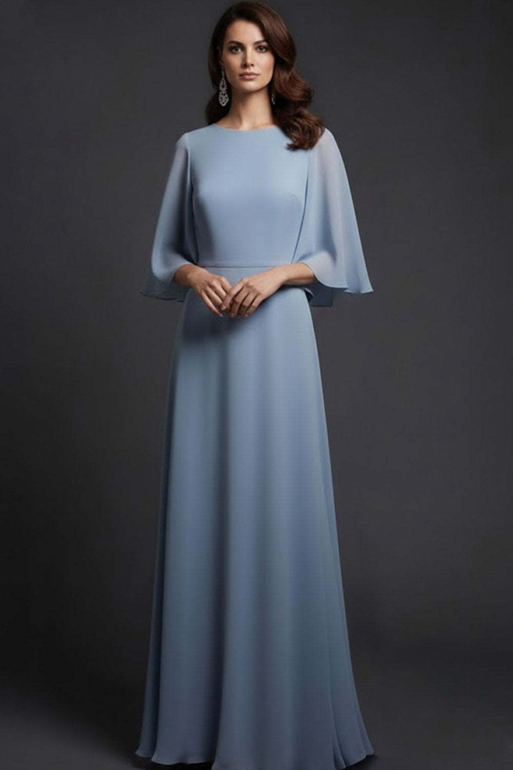 Leely Women Grey Blue Chiffon Long Formal Dress Boat Neck Flutter Sleeves Wedding Guest Dress