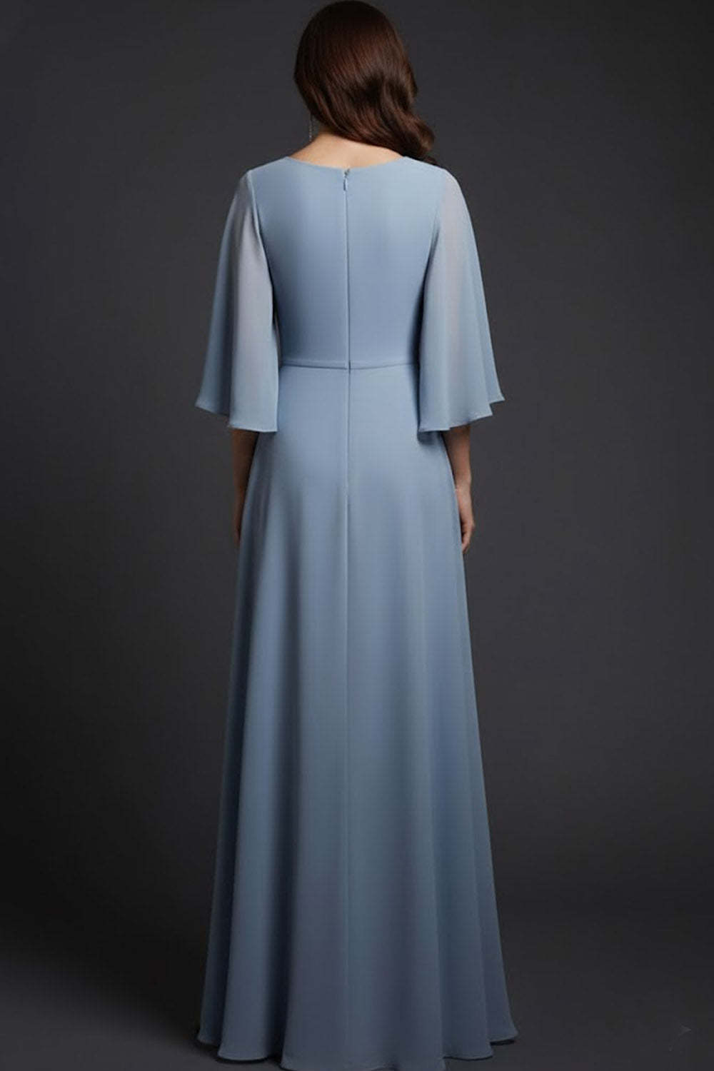 Grey Blue Chiffon Flutter Sleeves A-Line Long Formal Dress