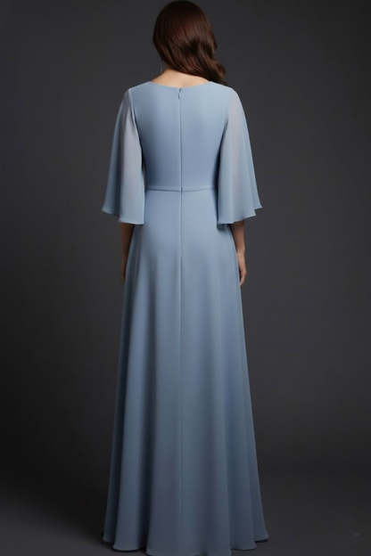 Grey Blue Chiffon Flutter Sleeves A-Line Long Formal Dress