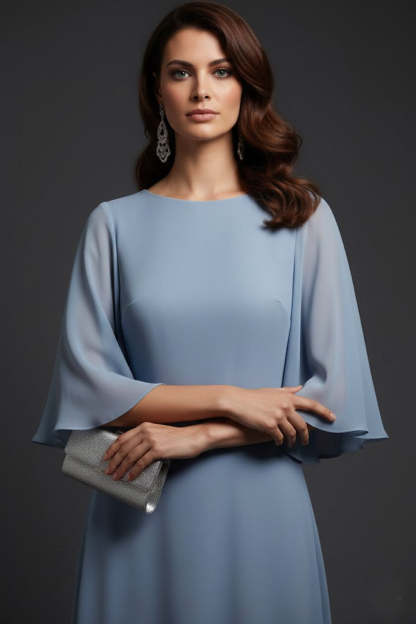 Grey Blue Chiffon Flutter Sleeves A-Line Long Formal Dress