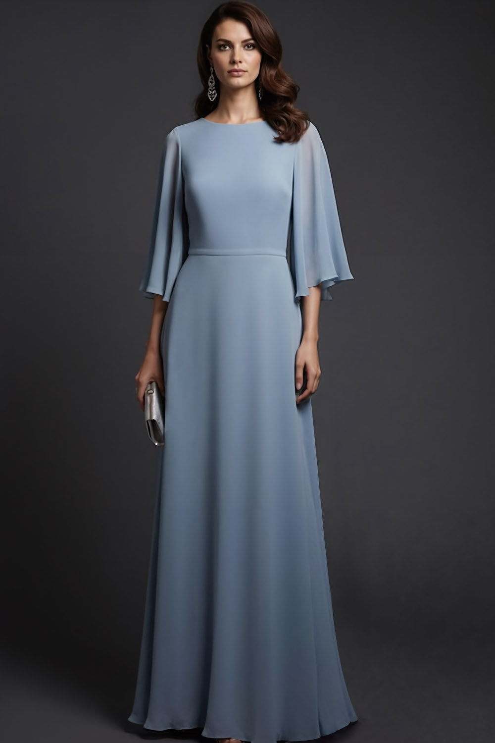 Grey Blue Chiffon Flutter Sleeves A-Line Long Formal Dress