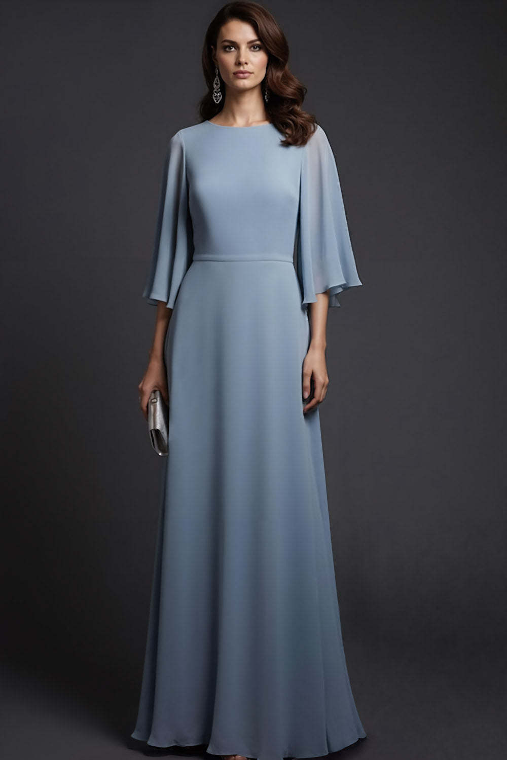 Grey Blue Chiffon Flutter Sleeves A-Line Long Formal Dress