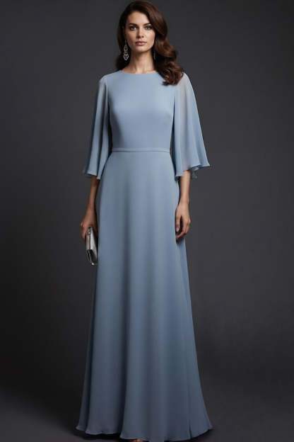 Grey Blue Chiffon Flutter Sleeves A-Line Long Formal Dress