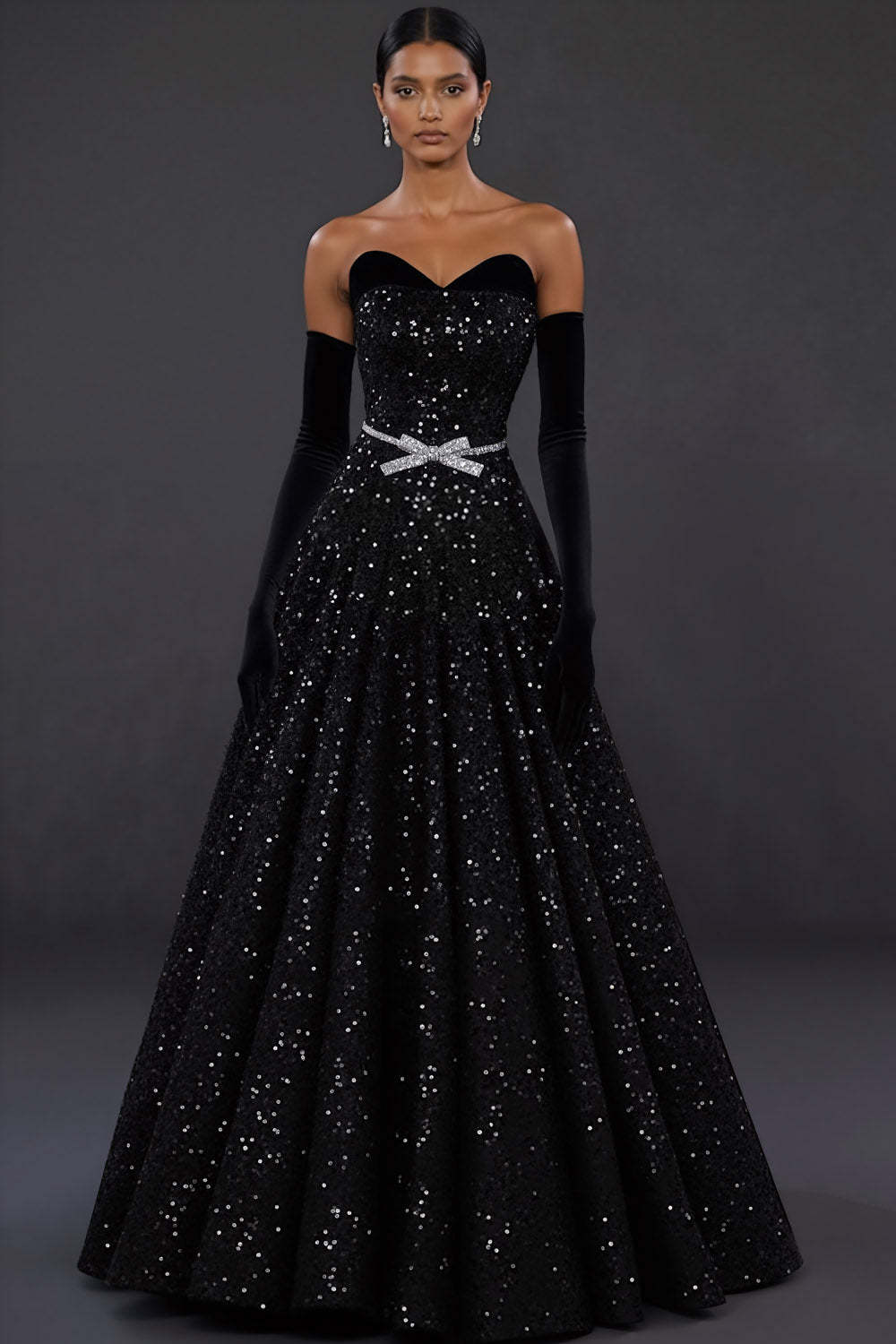 Leely Women Sparkly Black Maxi Prom Dress Sequin Ball Gown Sweetheart Military Ball Dress with Bow