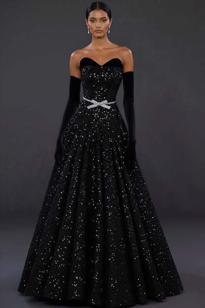 Leely Women Sparkly Black Maxi Prom Dress Sequin Ball Gown Sweetheart Military Ball Dress with Bow
