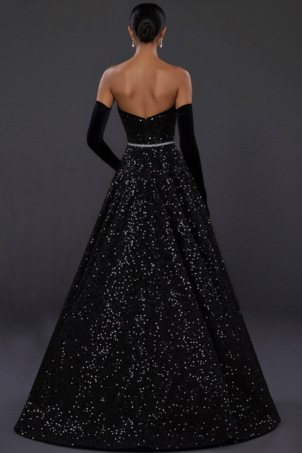 Sparkly Black Ball Gown Sweetheart Maxi Prom Dress with Bow