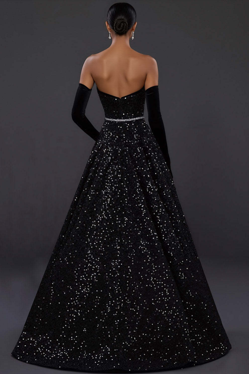 Sparkly Black Ball Gown Sweetheart Maxi Prom Dress with Bow