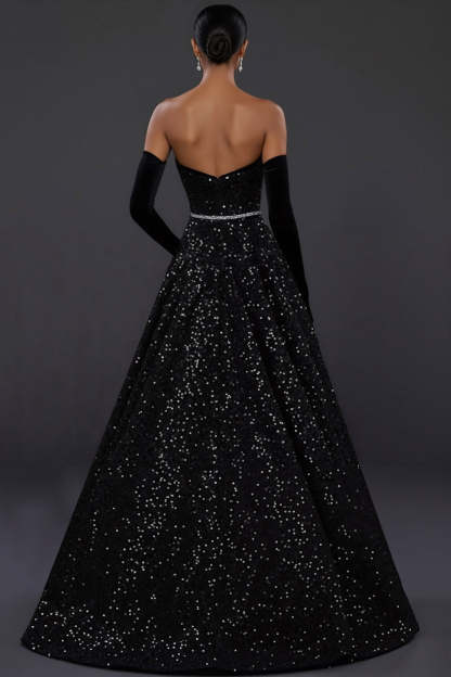 Sparkly Black Ball Gown Sweetheart Maxi Prom Dress with Bow