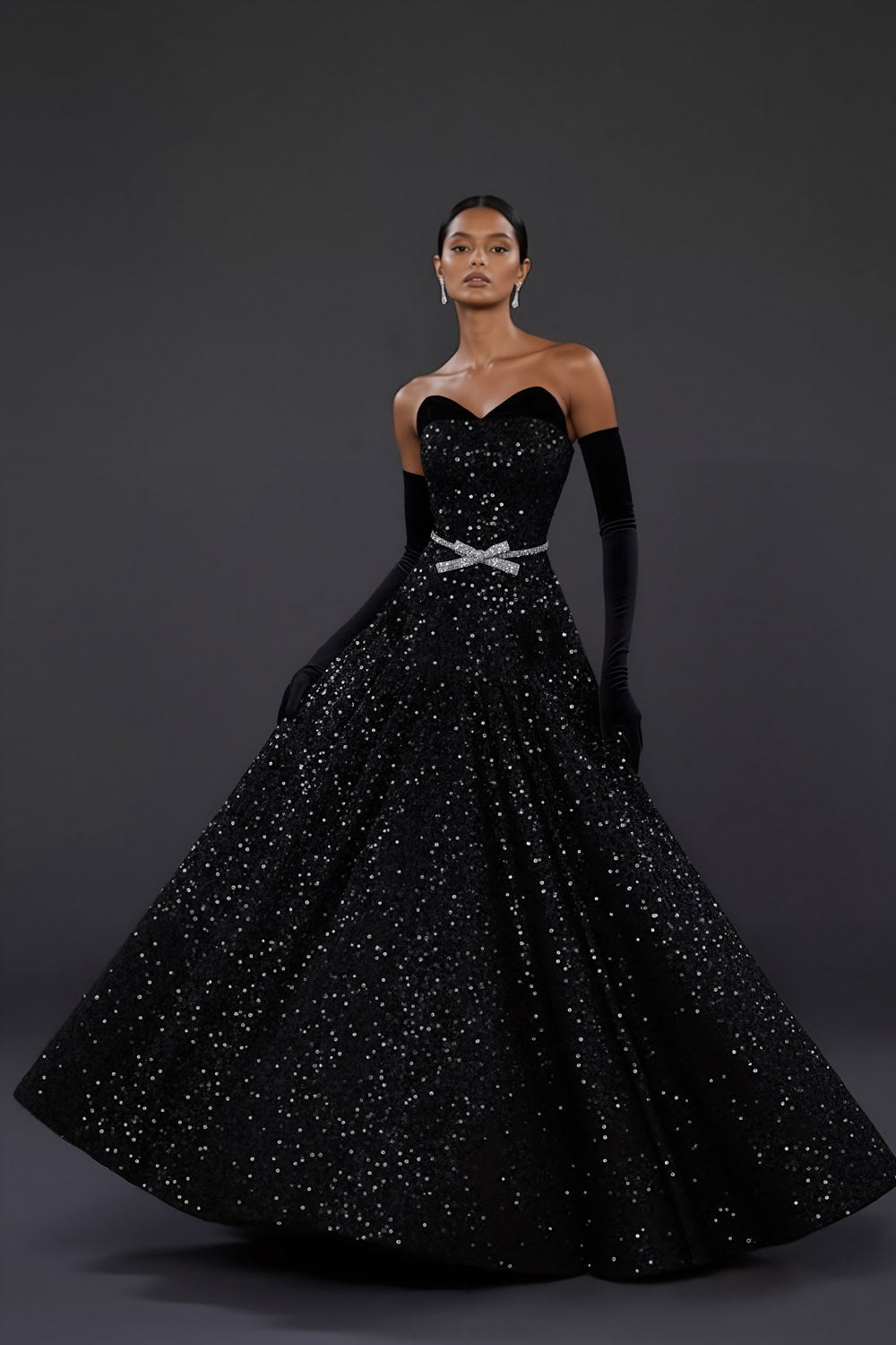 Sparkly Black Ball Gown Sweetheart Maxi Prom Dress with Bow