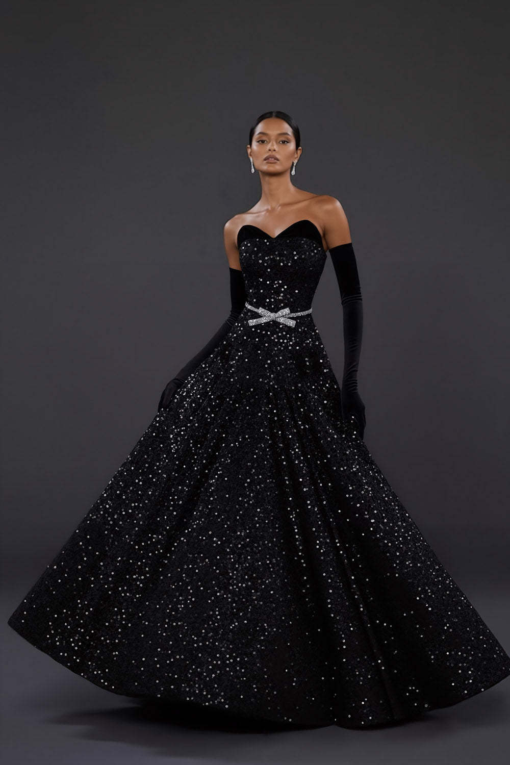 Sparkly Black Ball Gown Sweetheart Maxi Prom Dress with Bow