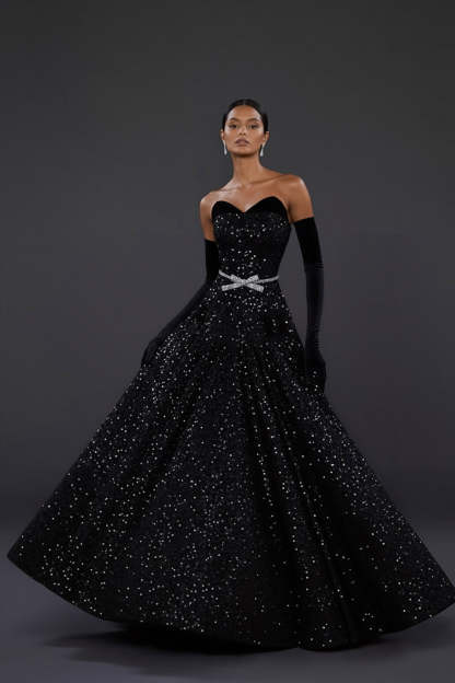 Sparkly Black Ball Gown Sweetheart Maxi Prom Dress with Bow