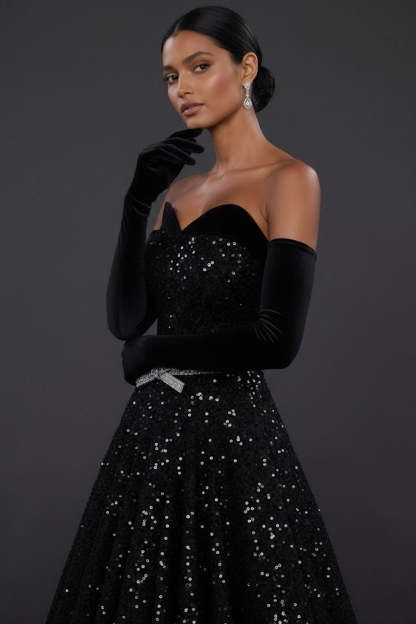 Sparkly Black Ball Gown Sweetheart Maxi Prom Dress with Bow