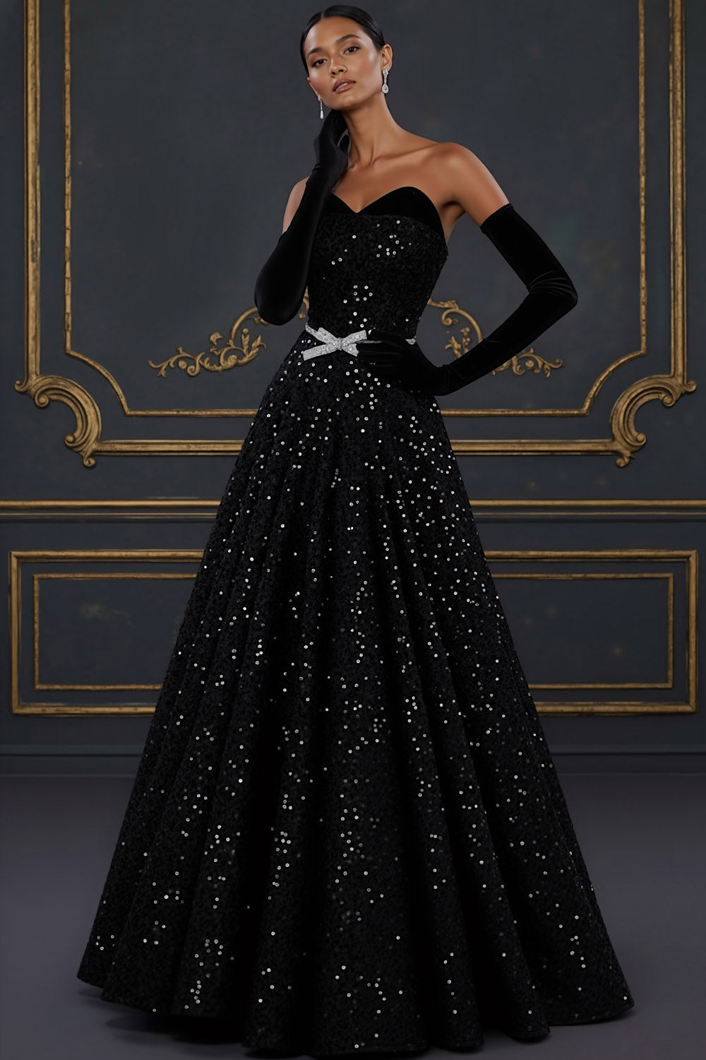 Sparkly Black Ball Gown Sweetheart Maxi Prom Dress with Bow