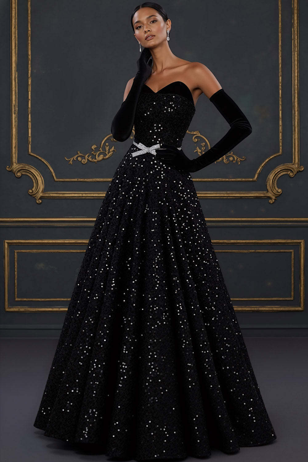 Sparkly Black Ball Gown Sweetheart Maxi Prom Dress with Bow