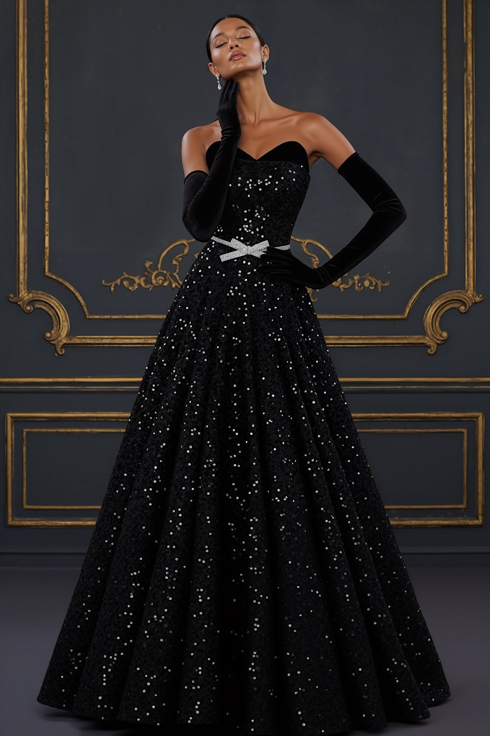 Sparkly Black Ball Gown Sweetheart Maxi Prom Dress with Bow